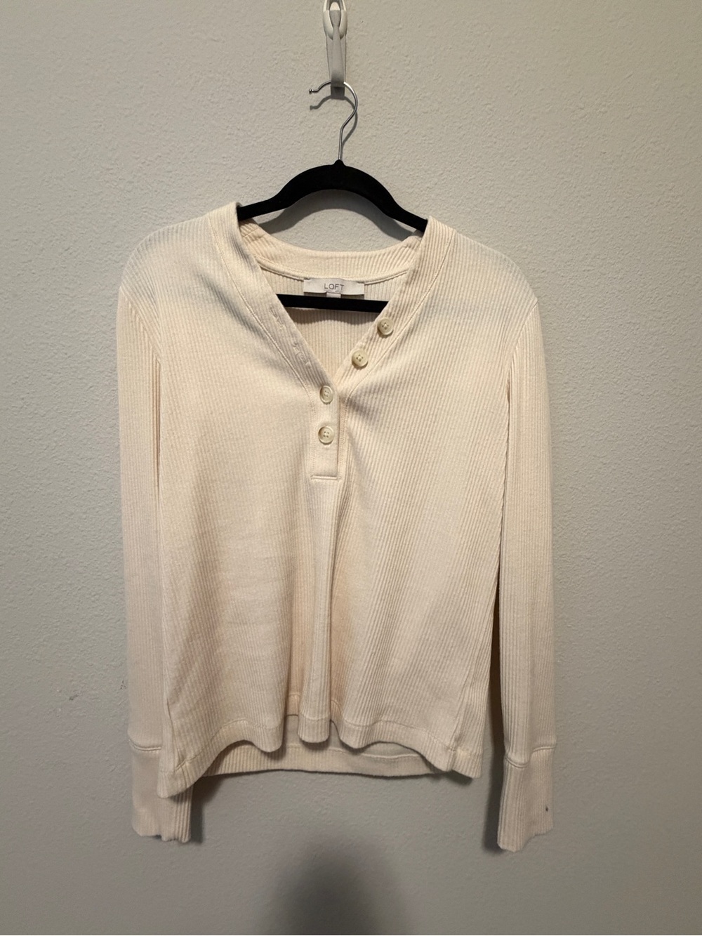 LOFT Cream Ribbed Henley Long Sleeve Top